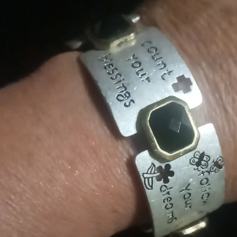 Silver Inspirational Expandable Bracelet with Black & Gold Accents Gems.